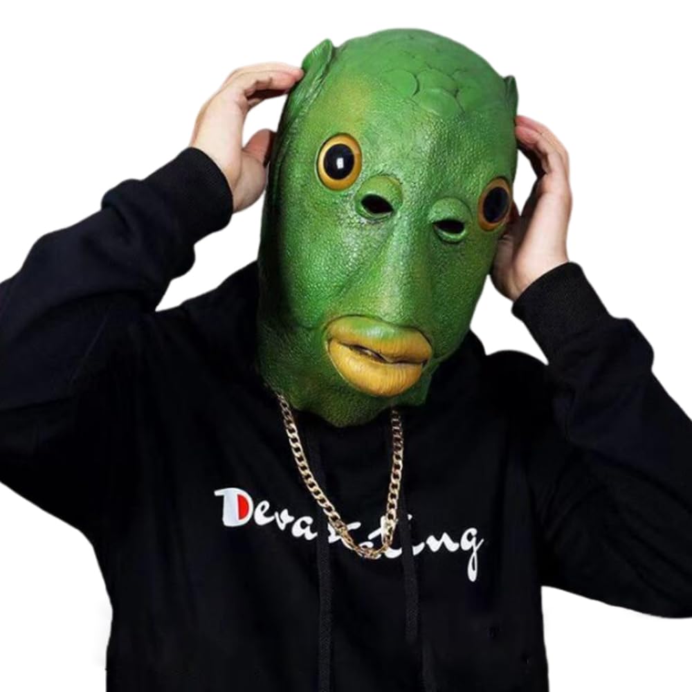 [YFFSFDC] Green Fish Head Mask, Fishman Mask, Funny Animal Mask, Rubber Mask, Halloween Cosplay, Green Head Monster Costume Prop (A)