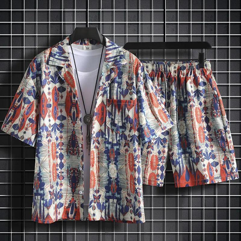 Shirts Man Sets Beach White Outfits 2 Piece Outfit Korean Two Set T-shirts Shorts Suits For Men Chic Stretch Loose Cool Shirts