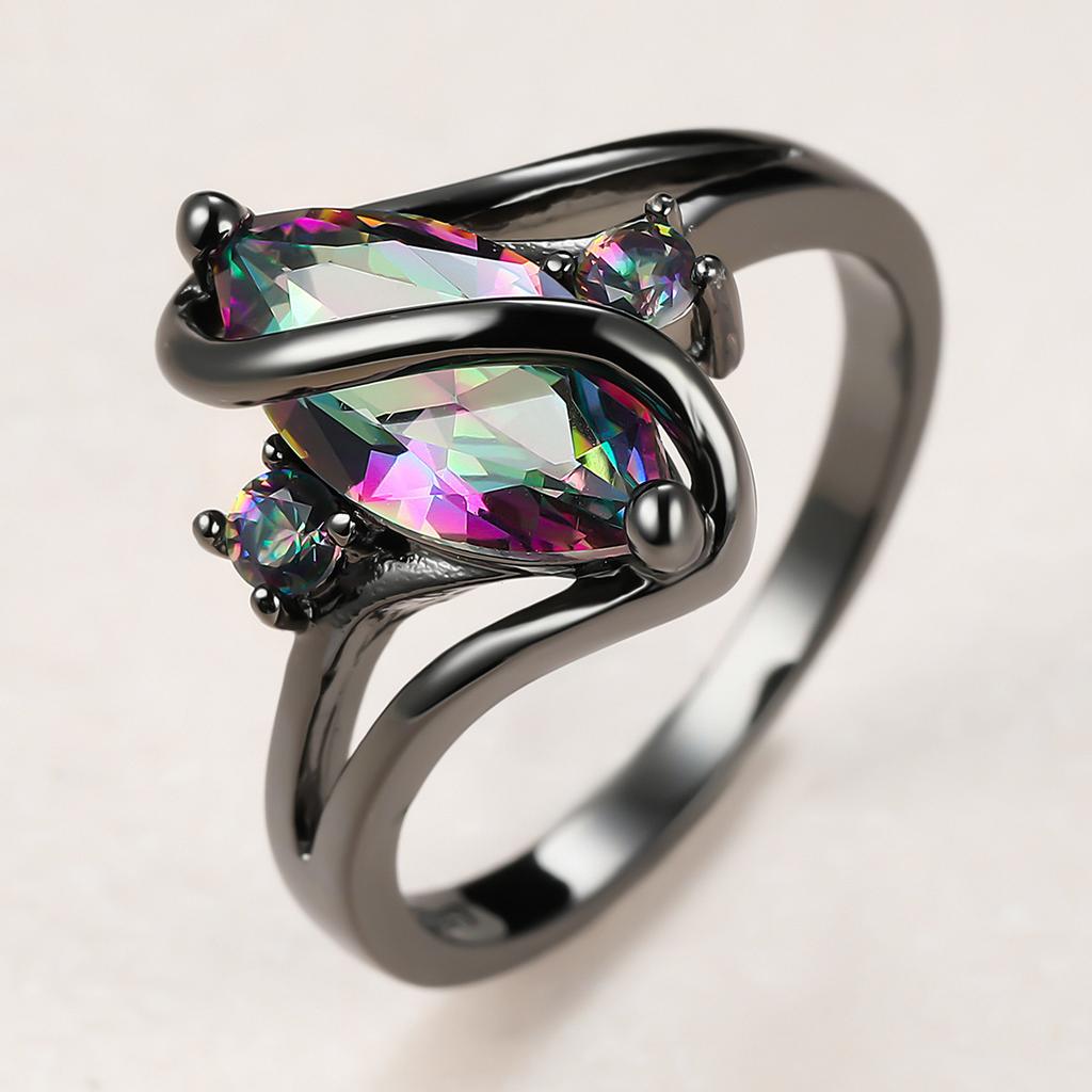 Wish Black Gold Colorful Horse's Eye Stone Edge Small Diamond Ring Retro Personality Ring