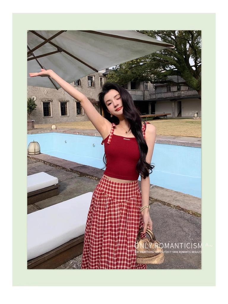 French Retro High-End Red Plaid Midi Skirt for Women - 2025 Summer Trend