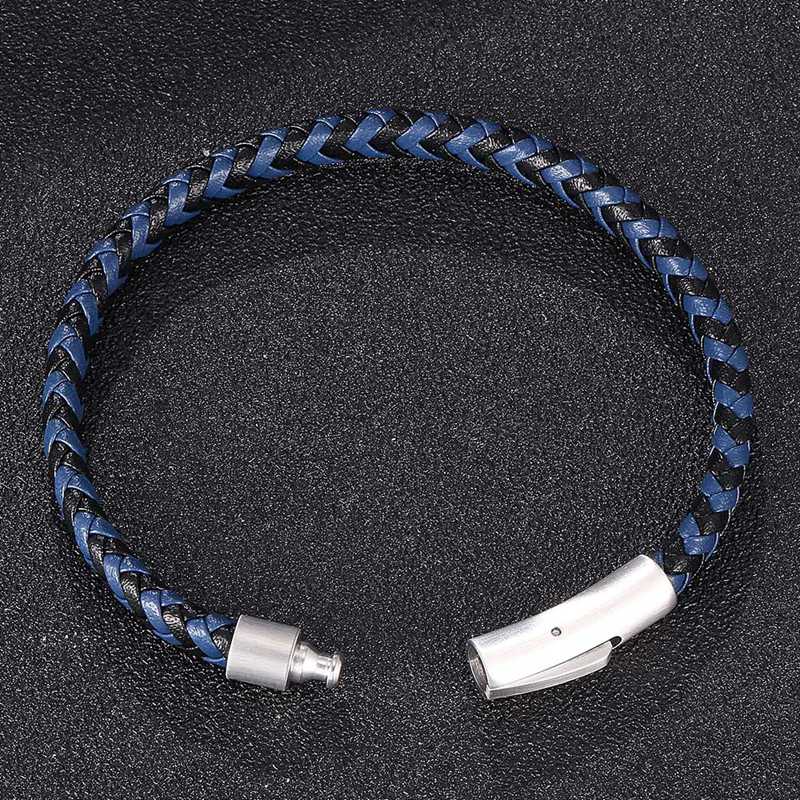 Neue Mode Schwarz Blau Geflochtenes Leder Herren Armreifen Armband Schmuck Druckknopf Charm Herrenarmband Geschenk BB523