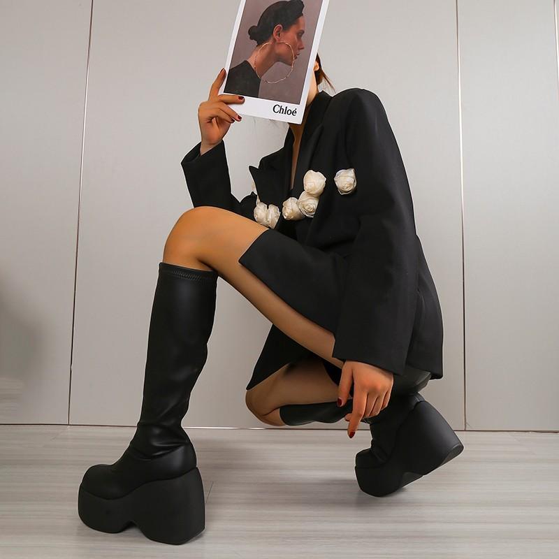 Stiefel Damenschuhe auf Plateau Kniehoch Lang Frau Keilabsätze Gothic Stripper Klobige Absätze Sexy Strumpfhose Winter Reißverschluss