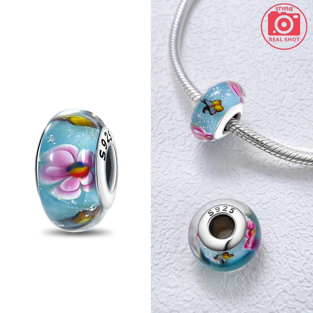 Authentic Certified Pink Glass Bead Blue Romantic Bead Charms Compatible With Bracelets Charm Bead Charms Copper Women Diy Jewellery Making