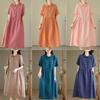 DIMANAF 2025 Women Linen Summer Buttons Dress Casual Ladies Basic Long Dress 8238