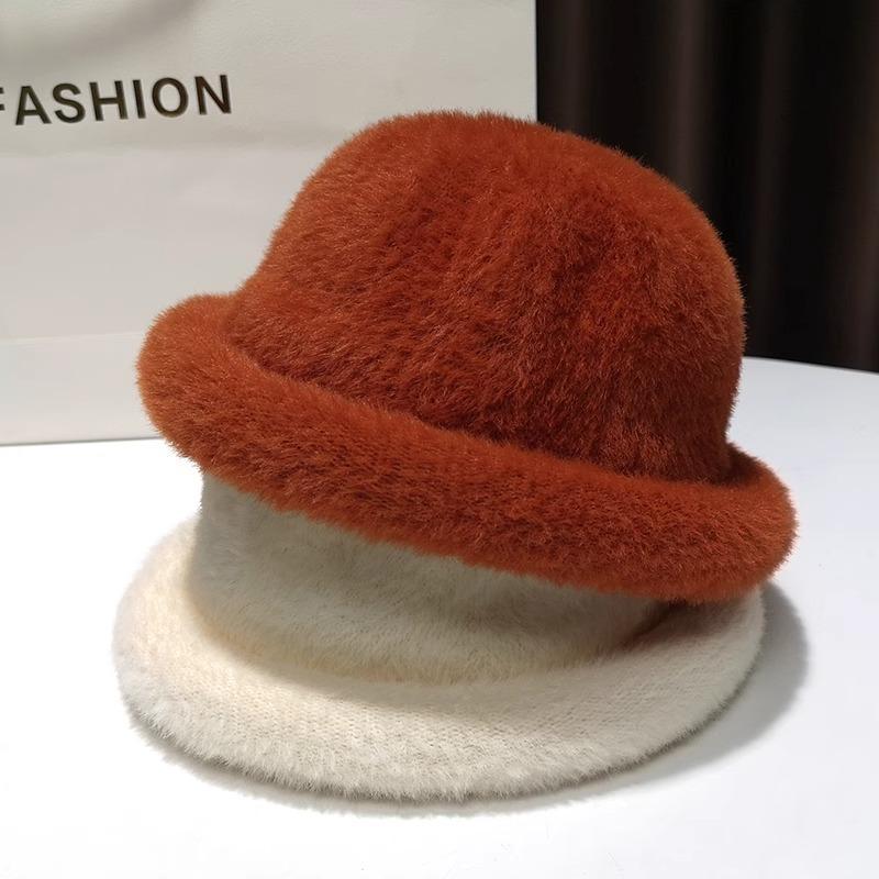 Bucket hat women's winter warm hat plush top hat knitted basin hat thick light luxury high sense
