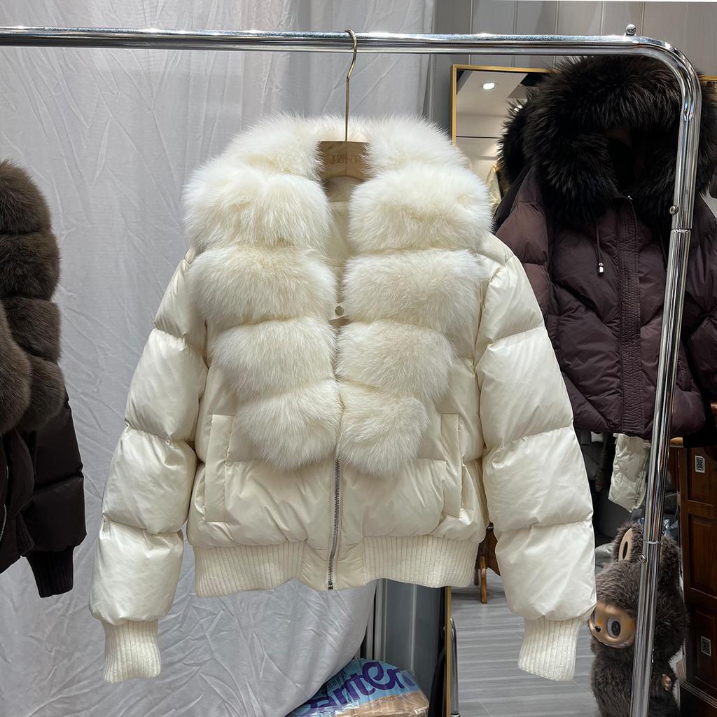 European Winter New Natural Fox Big Fur Collar Short Down Jacket Women's Thickened Warm Loose Fur Jacket