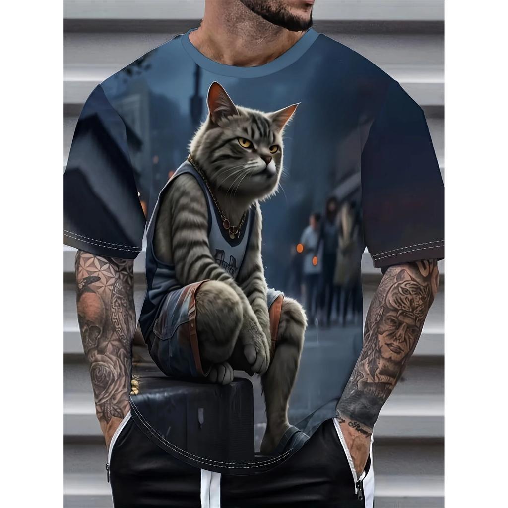 Modne Śmieszne Koszulki z Grafiką Zwierząt Druk 3D Oversize Krótki Rękaw Okrągły Dekolt Casualowe Koszulki Męskie