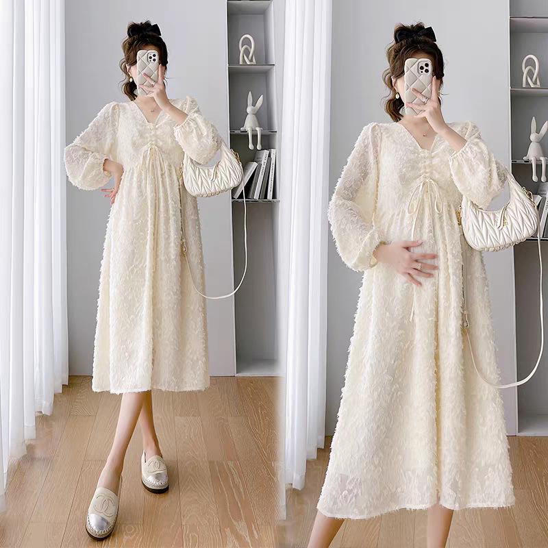 2026 Spring Jacquard Loose Long Sleeve Mid-Length Maternity Dress 2XL