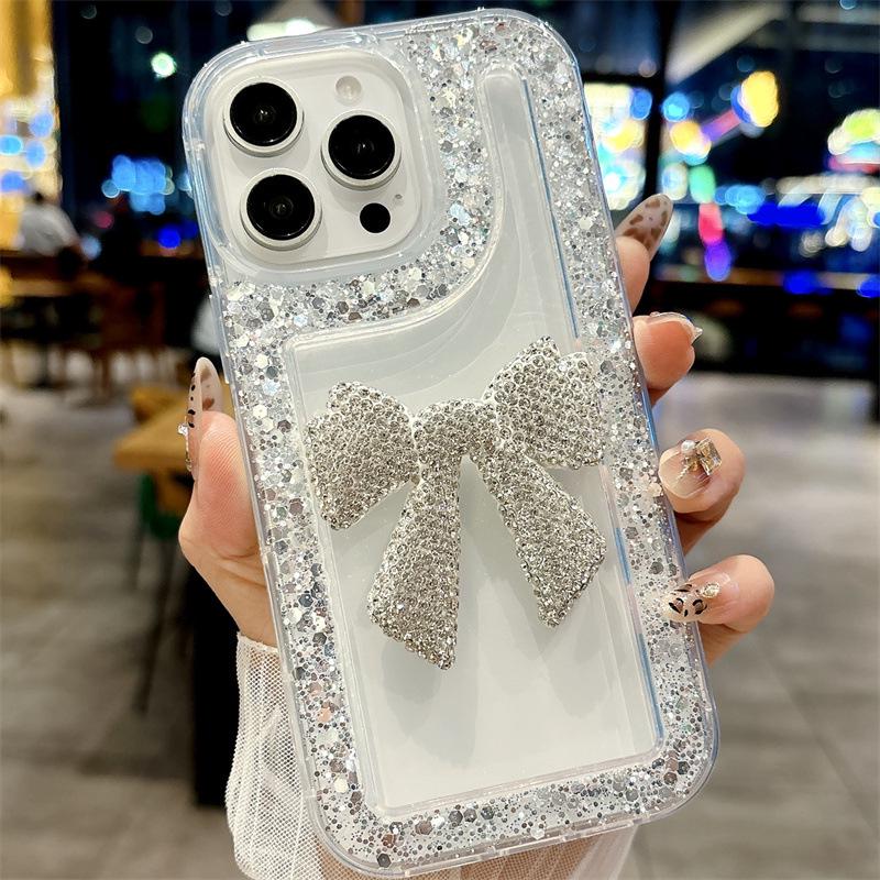 Glitzer Strass Große Schleife iPhone 16/15/14/13/12 Transparent Hülle.