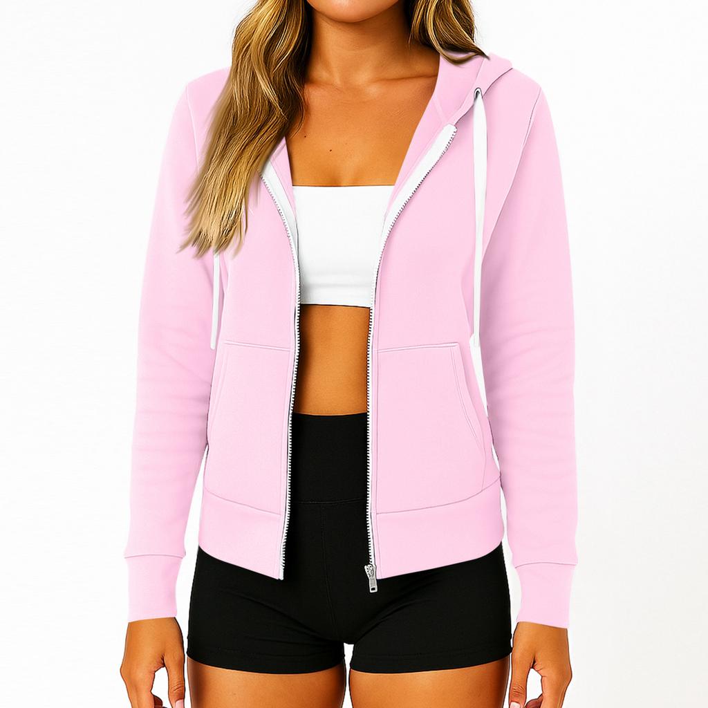 Women's Fashionable Solid Color Long Sleeved Hooded Pocket Zipper Casual Sweatshirt Jacket