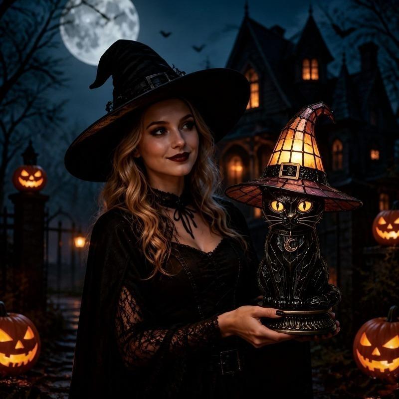 Hexenhut Tischlampe Halloween-Thema Tischlampe Hut LED Nachtlicht Handgefertigt Buntglas Acryl Tischlampe für Innen Schlafzimmer