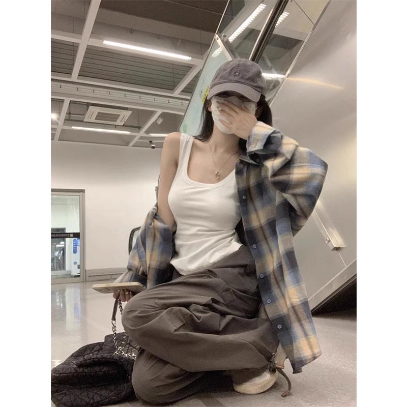 Korean Style Plaid Turn-Down Collar Long Sleeve Women's Shirt - Spring/Summer Casual Loose Mid-Length Sun Protection Top