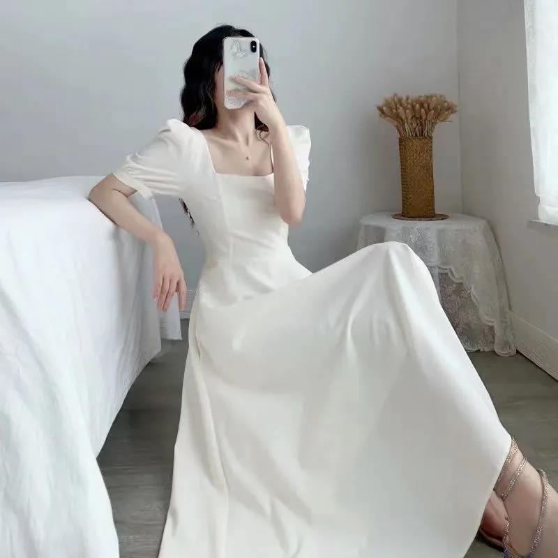 Hepburn Style Puff Sleeve White Dress: Square Collar, Slim Waist, Knee-Length, Summer Temperament