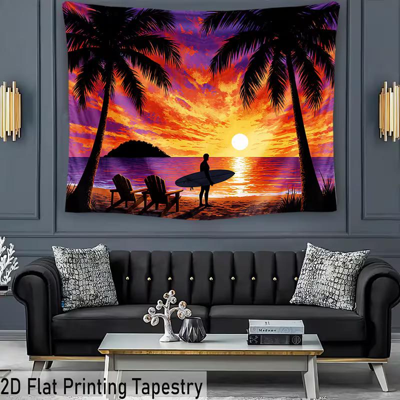 2D Coastal Wall Tapestry, Vibrant Beach Sunset with Palm Trees 47.2x31.5inch/120*80cm