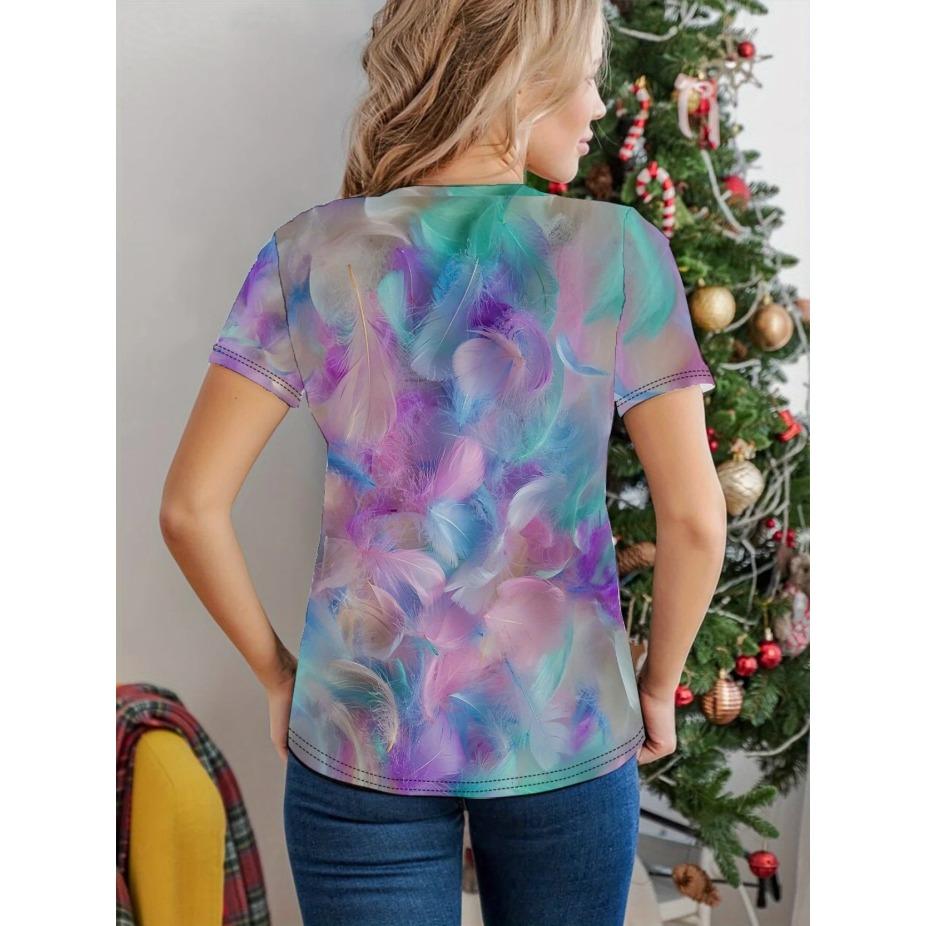 Damski T-shirt Wzór Motyla i Kwiatów Nadruk - Wygodny Krótki Rękaw Okrągły Dekolt Moda Druk 3D