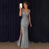 Bride Wedding Dress Women Evening V Neck Mesh Patchwork Sequin Sleeveless Split Hem Formal Attire Mermaid Shape Slim Fit Prom Party Banquet