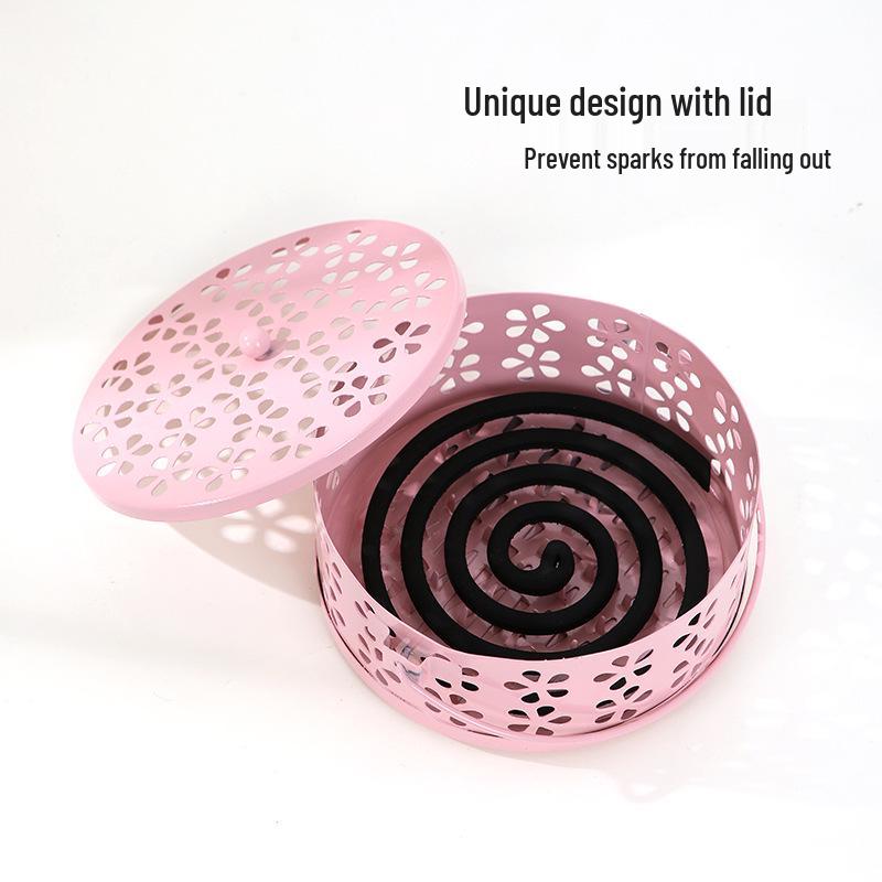 Wrought Iron Mosquito Coil Holder with Lid - Fireproof, Anti-Scald Incense Burner for Indoor Use.
