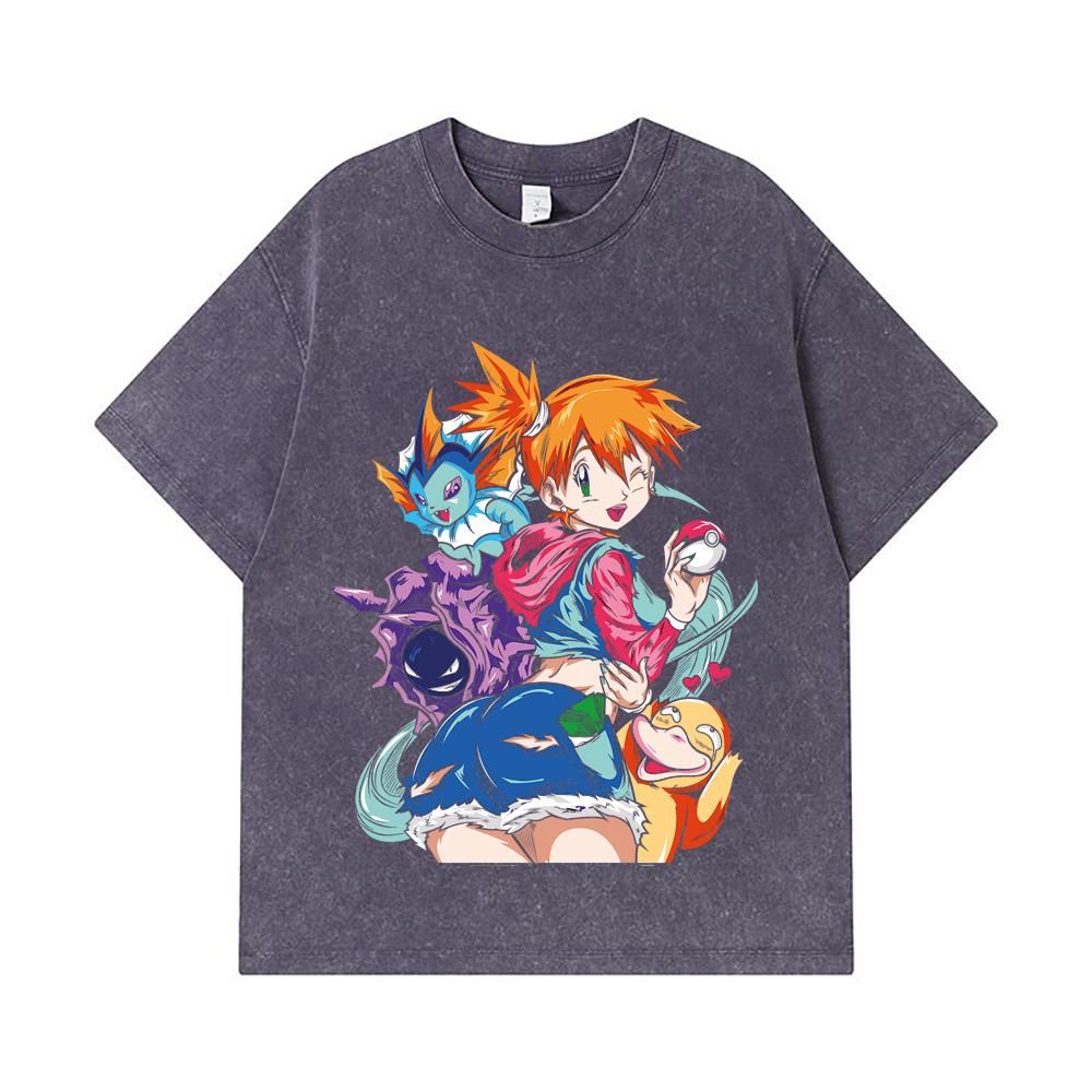 275 GSM Washed T-shirts 100% Cotton Pokemon V17 Misty Print Unisex Heavy Cotton T Shirt