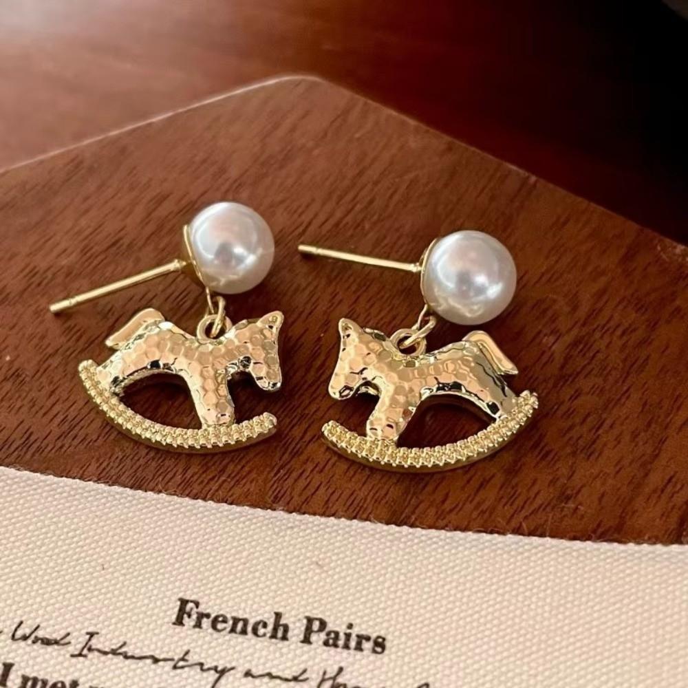 Pearl Zircon Horse Pendant Necklace Fashion Jewelry Trojans Earrings Cute Drop Earrings  For Girl