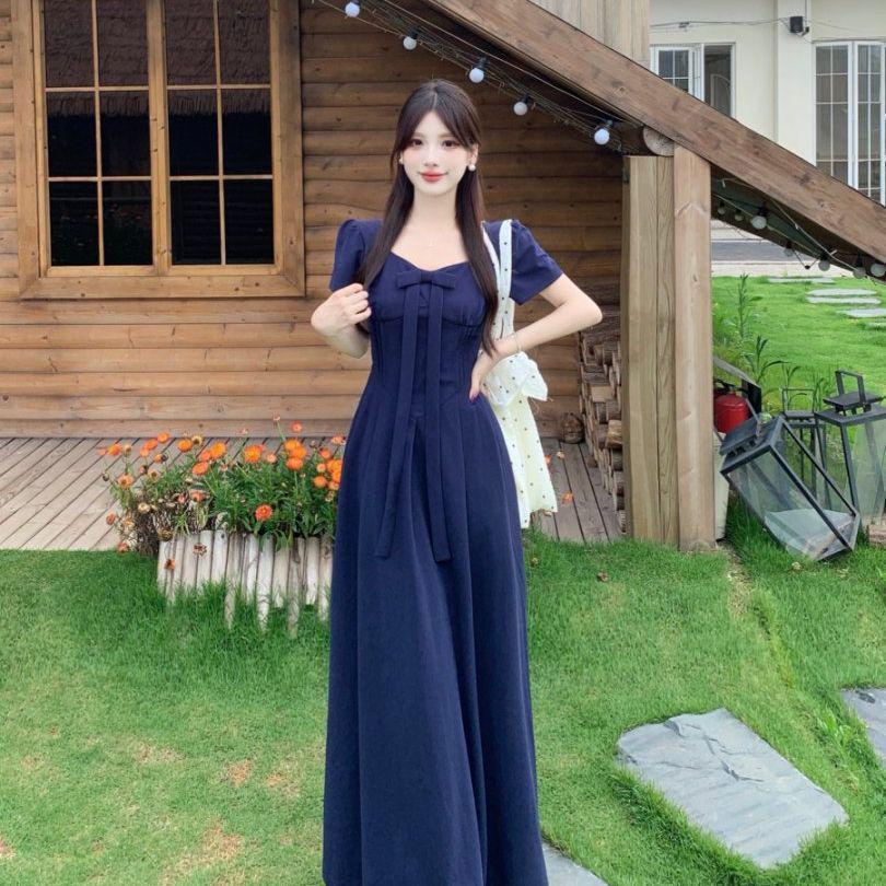 Plus Size Elegant French Style High Waist Bowknot Dress - Short Sleeve, Solid Color, Skin-Brightening, Slimming, Long Length