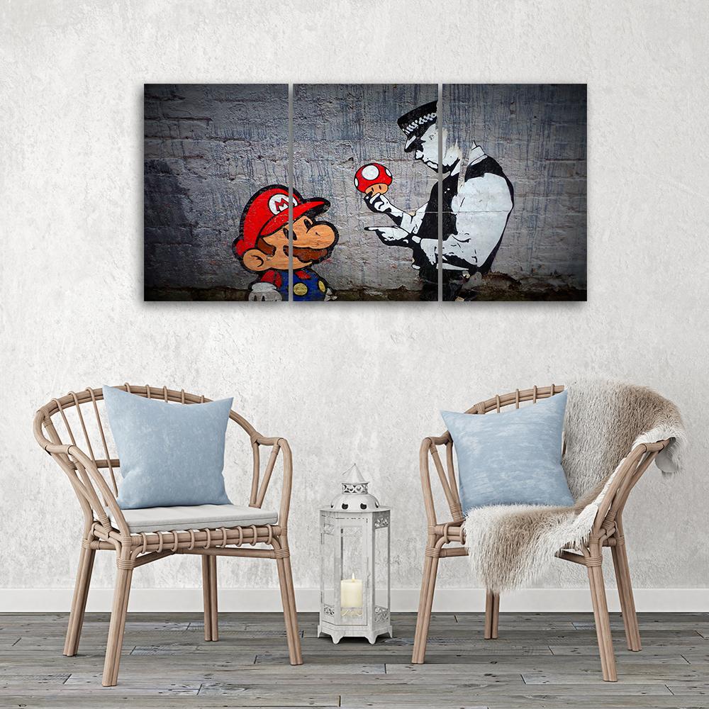 Three Piece Picture Canvas Print Banksy Mario Graffiti