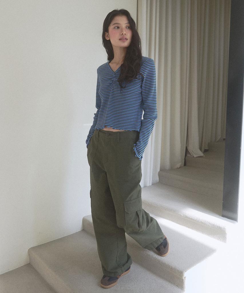 Nyuluki Shirring Point Long Sleeves T-Shirt_Khaki