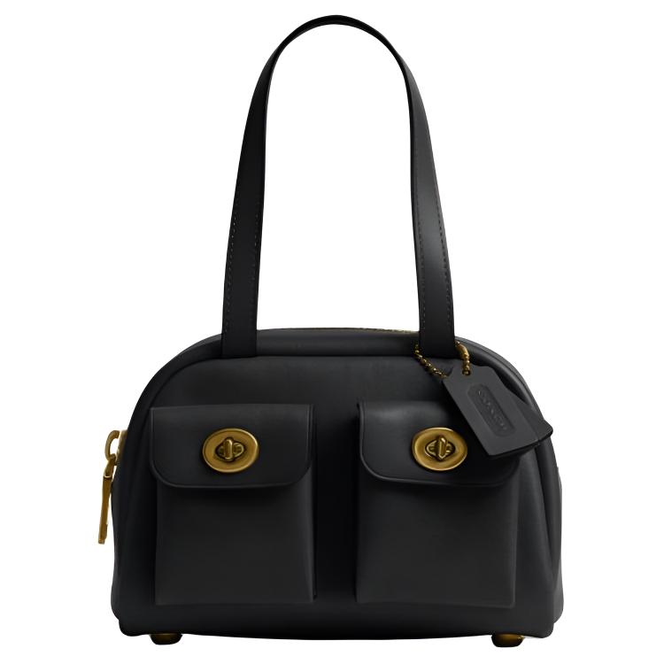 Coach Women's Black Twin Turnlock 20 Metal Hardware Design Leather Shoulder Bag Small Shoulder Bag Ccc55-1Zblk