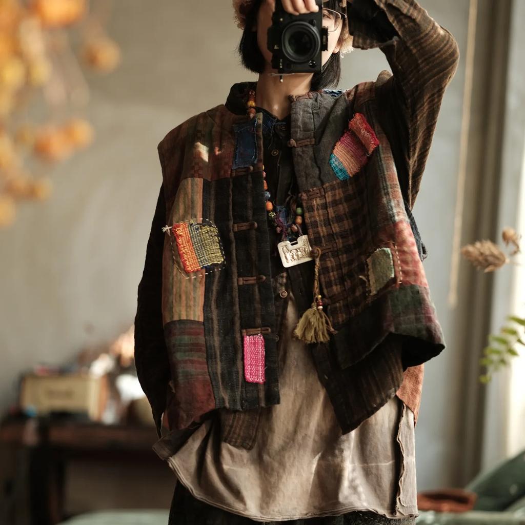 Johnature Women Vintage Winter Coats Patchwork Patch Color O-Neck Button Chinese Style Female Coats