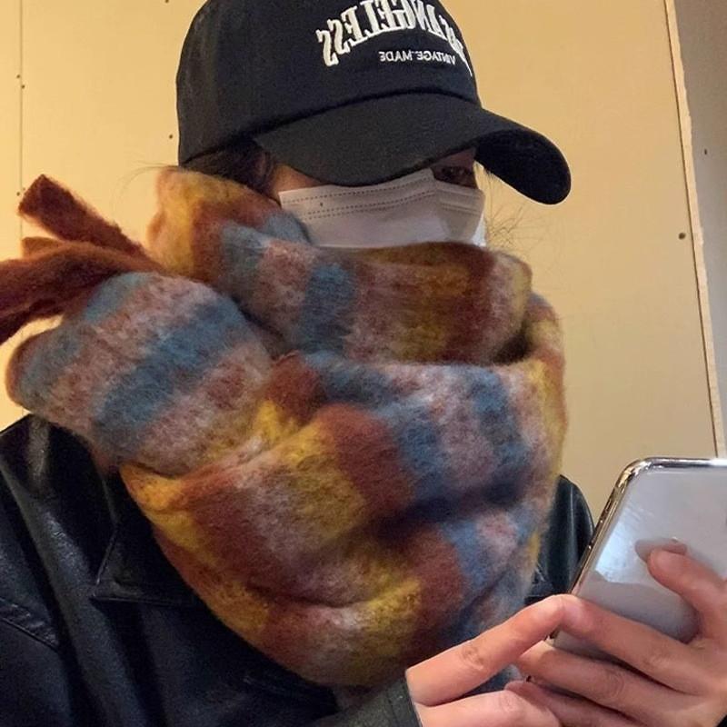 Warm Rainbow Plaid Scarf Women Men Soft Alpaca Blend Shawl Winter Windproof Neck Wrap Unisex Thick Rainbow Scarf