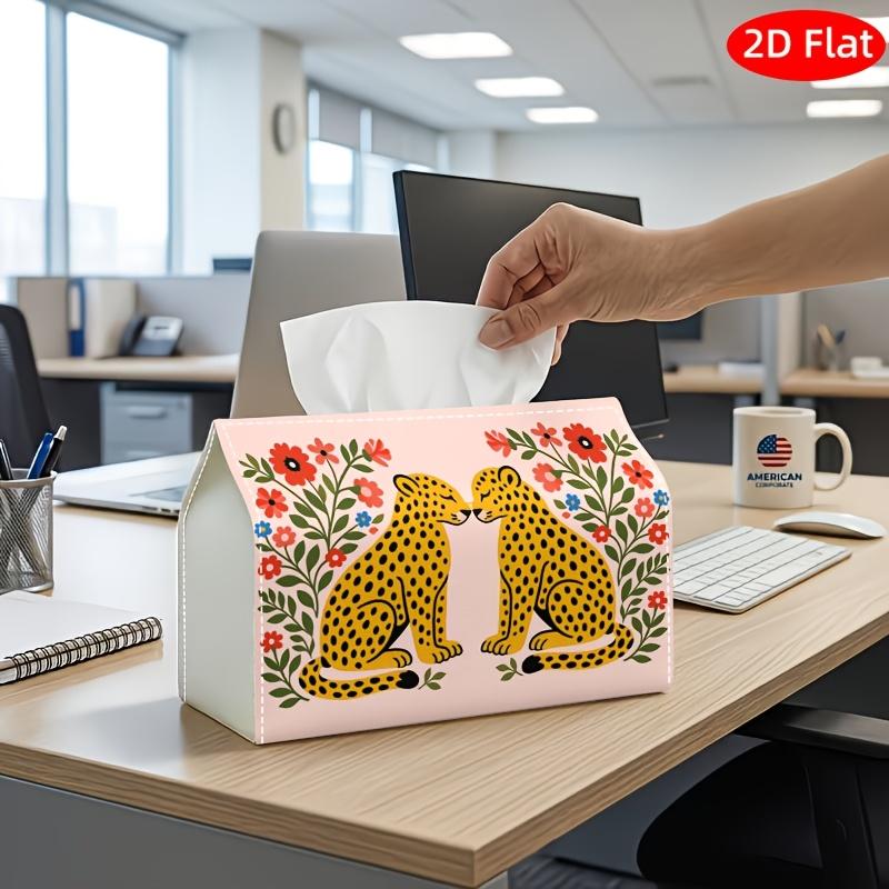 2D Flat, 1pc Tissue Box, Printed On Both Sides, Folk Decorative Art Tissue Box Leopard Floral Illustration Print Durable Fabric Decorative Storage for