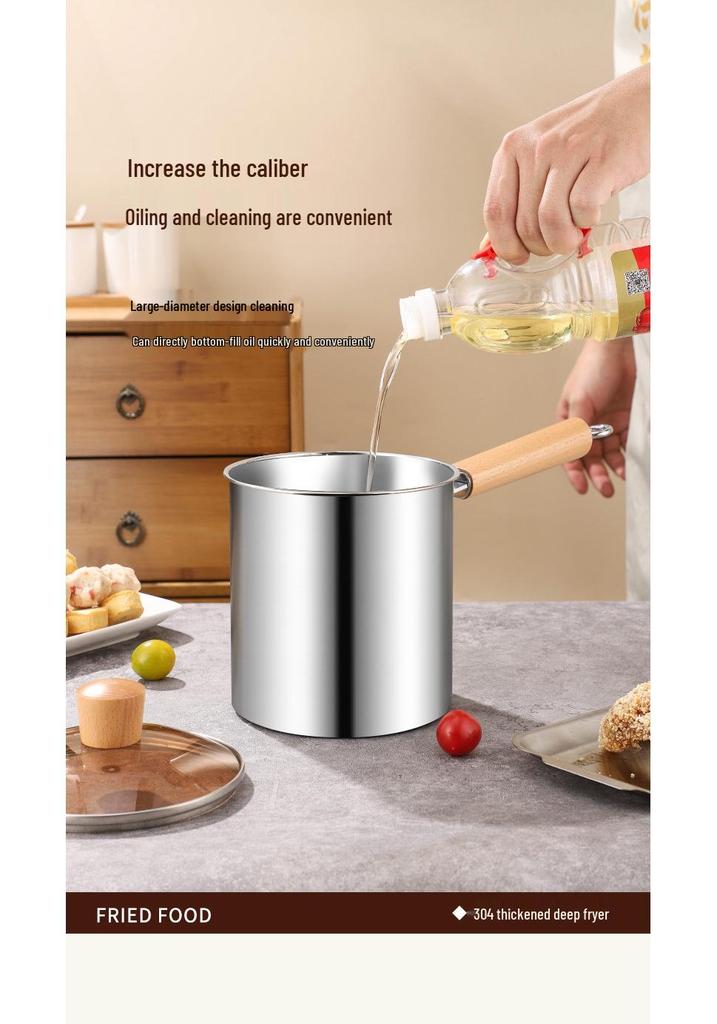 304 Stainless Steel Milk and Fry Pot with Wooden Handle and Filter Basket, Induction Compatible, Oil-Saving Deep Pot for Soup and Skewers.