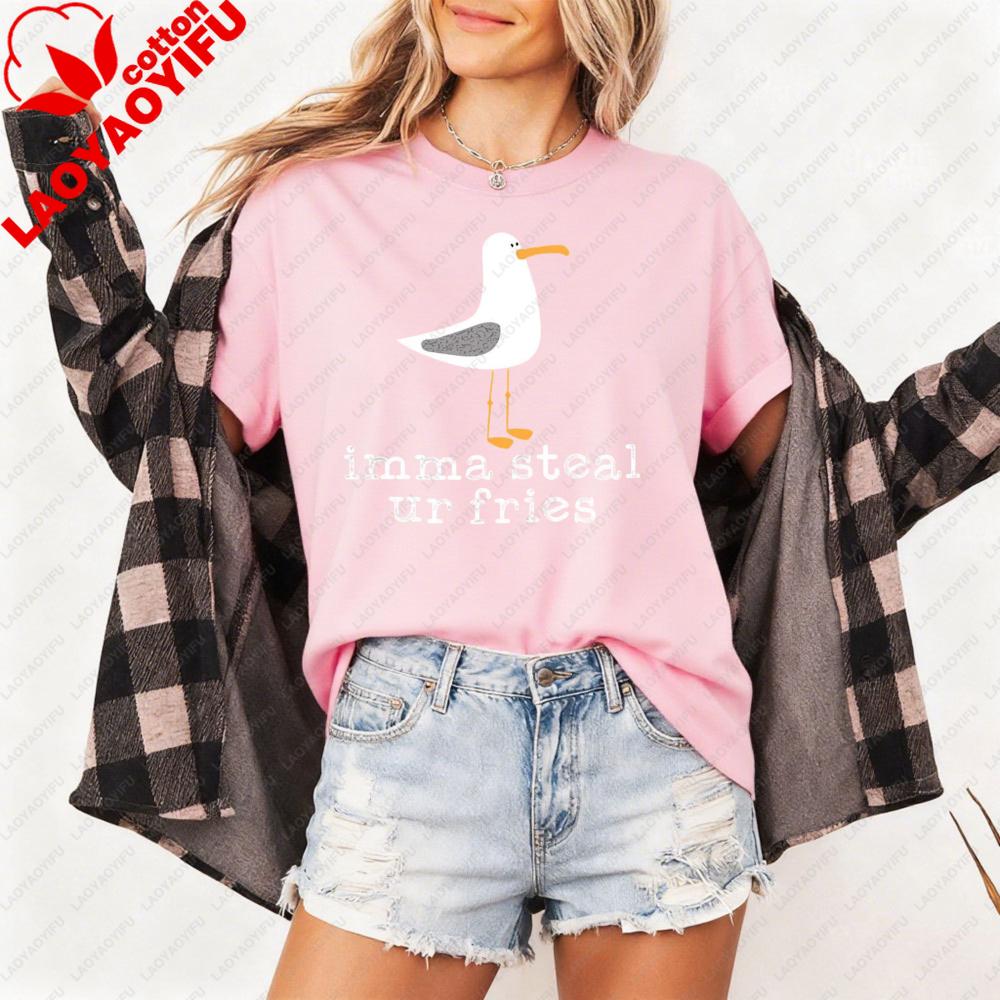 Seagull Print Women TShirt Casual Summer Short Sleeve Cotton Top Fashion Beach Outfit Gift for Her Cute Seagull Print Clothes