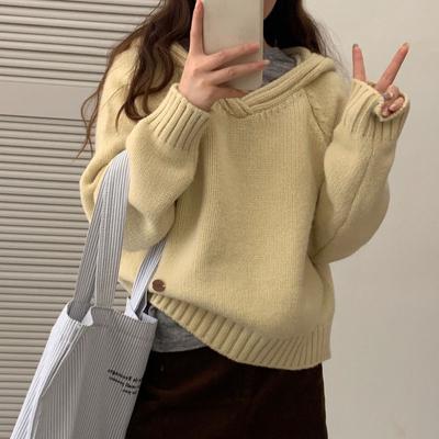 Hooded Pullover Sweater Women's Solid Color Simple Lazy Loose Design Autumn and Winter New Thick Knitted Sweater