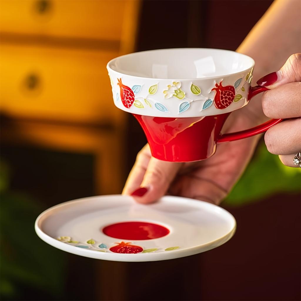 Set, Red/Green Floral Tea Cup and Saucer, Ceramic Coffee Mug and Saucers, Girls' Drinking Cup for Breakfast, Tea Party, Afternoon Tea, Home, Garden