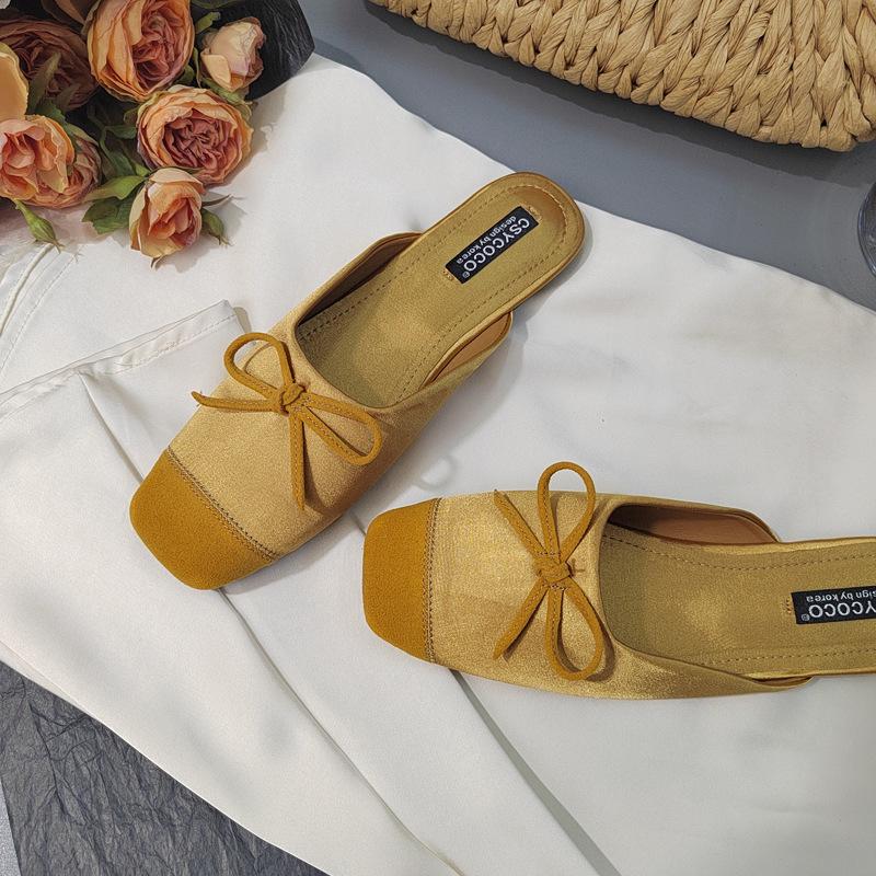 Wind Color Matching Dopamine Candy Color Flat-bottomed Slippers French Age-reducing Bow Fairy Satin Bag Head Slippers