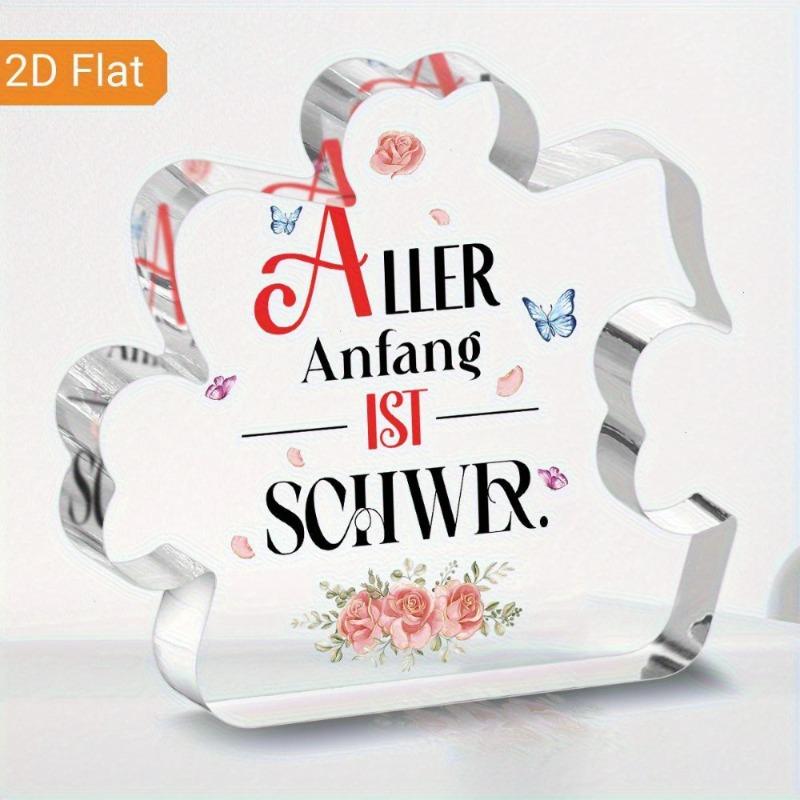 

2D Flat Classic Style Acrylic Decorative Plaque with German Inspirational Quote - Aufdem Sohnern Ist Schwaren - Floral and Butterfly Design 11.5*11cm