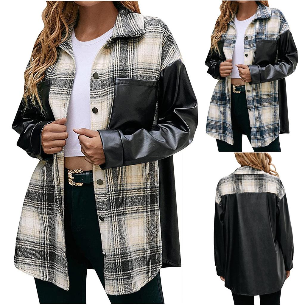 Women's Winter Casual Loose Grinding Wool Plaid Shirt Plush Plaid Shirt Jacket