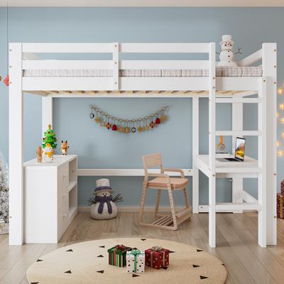 Hochbett, Kinderbett, Mit Schreibtisch, Schubladenschrank und Ablageboard, Vierstufige Leiter, Kiefer + MDF, Weiß, 90x200cm