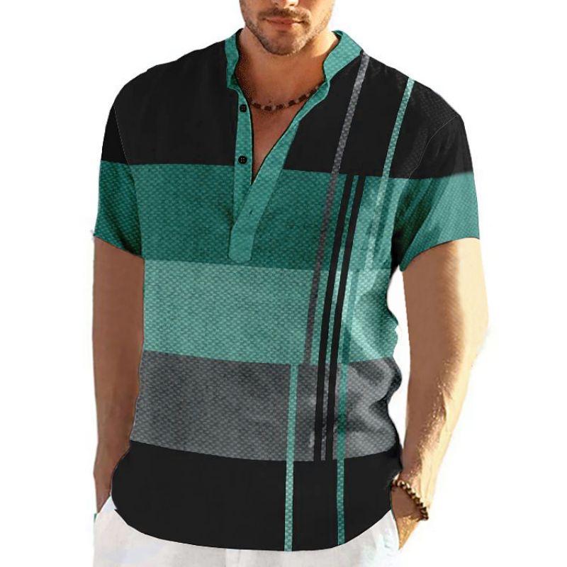 Color Block Striped 3D Print Henley Shirts Men's Fashion Vintage Button Stand Collar Short Sleeve T Shirt Tees Tops Man Clothing