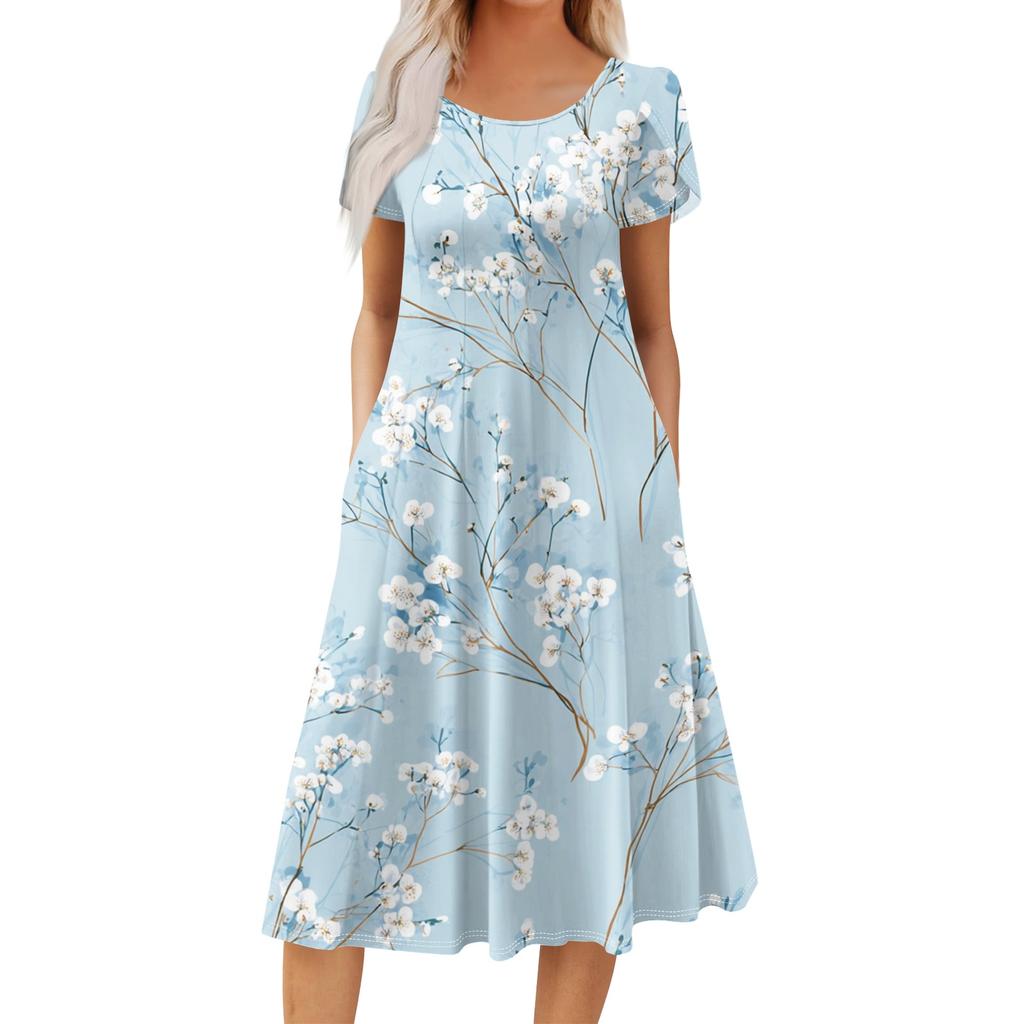Women's Casual Fashion Round Neck Printed Short Sleeve Pocket Dress