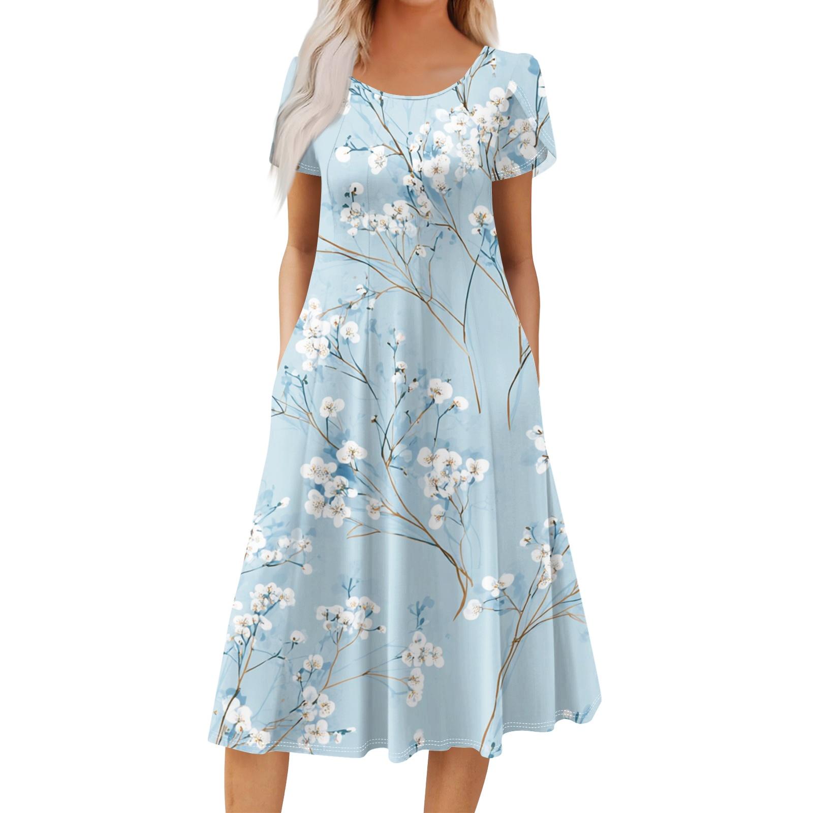 Women s Casual Fashion Round Neck Printed Short Sleeve Pocket Dress XXL