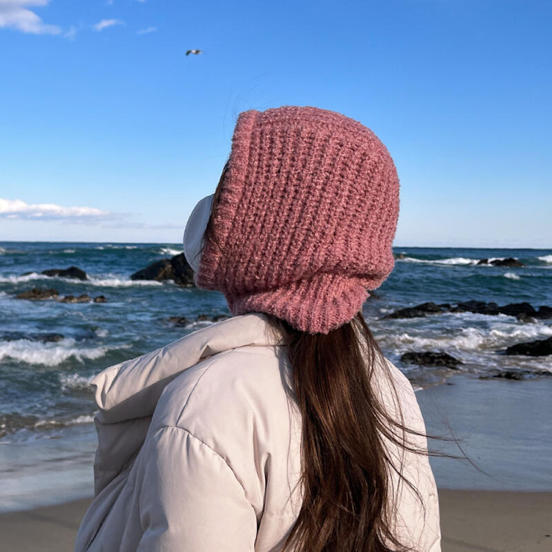 Golji Balaclava Knit Hooded Hat Neck Warmer Mock Neck Warmer pink