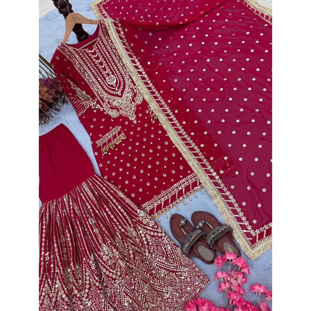 Launching New  Đěsigner Party Wear Look Heavy Faux Georgette Top Plazzo & Dupatta Set