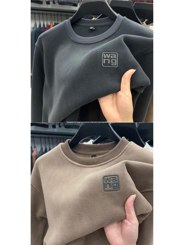 Men's Double-Sided Fleece-Lined Round Neck Sweatshirt - Solid Color, Winter Fashion