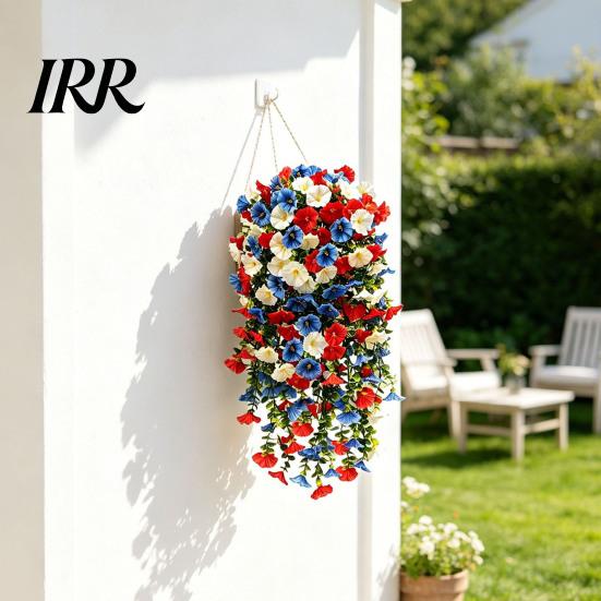 Weatherproof Artificial Flowers Patriotic Red White Blue Hanging Morning Glory Flower Vine UV Resistant Fake Plants for 4th of July Memorial