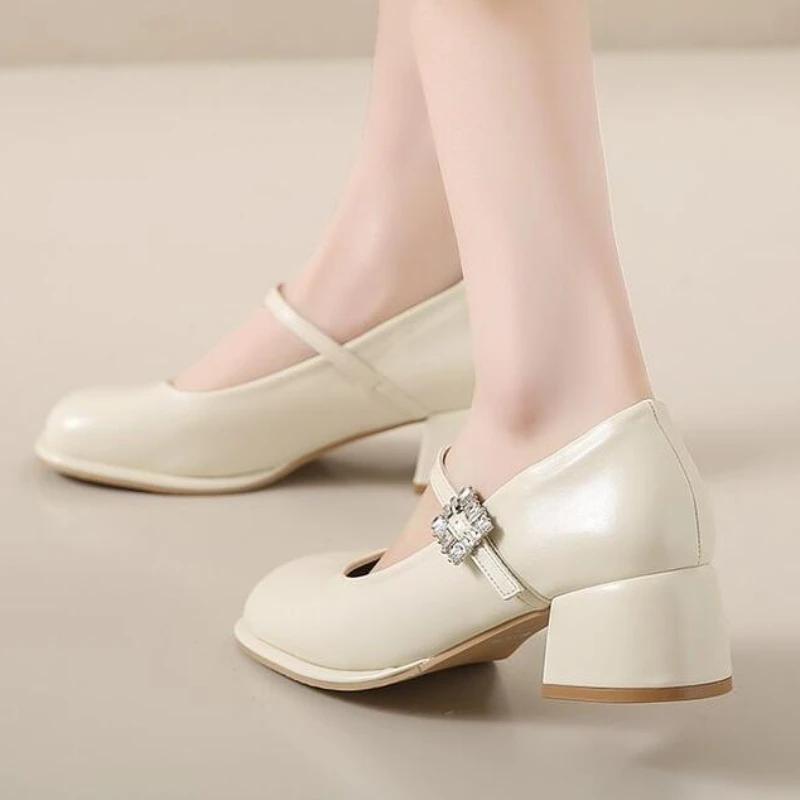 

Женские туфли Мэри Джейн во французском стиле 2024 года, новые винтажные туфли с квадратной головкой и нежным темпераментом на среднем каблуке 34 бежевый