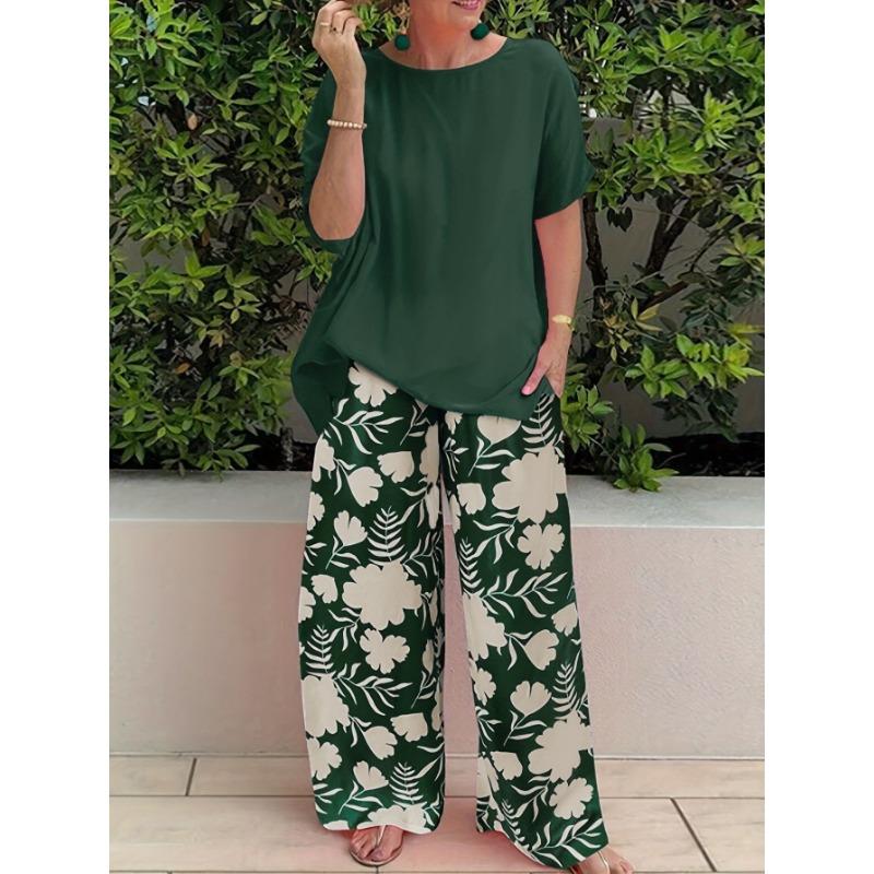 

YYFS Женская мода повседневная летняя весенняя цветочная модель с принтом, короткие рукава, О-образный вырез, брюки, костюмы XXXXL зелёный