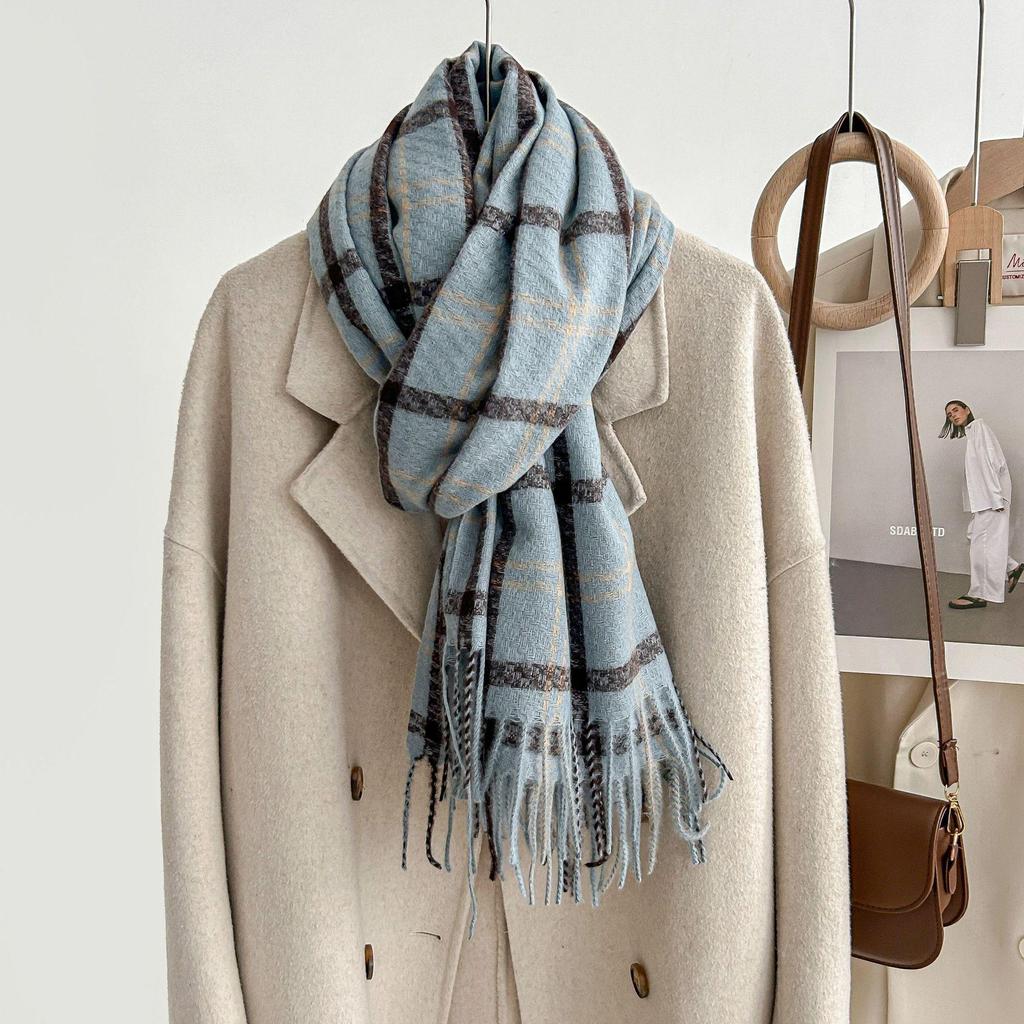 Women's Winter Plaid Imitation Cashmere Tassel Scarf, Thickened Korean Style Neck Warmer