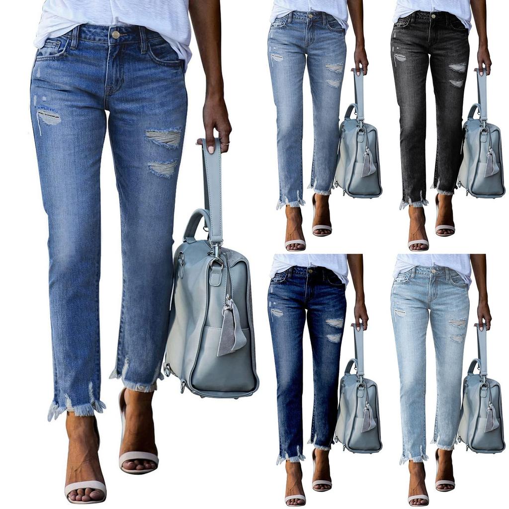 Ladies' Fashionable Straight Leg Ripped, Flanged And Fringed Casual Jeans
