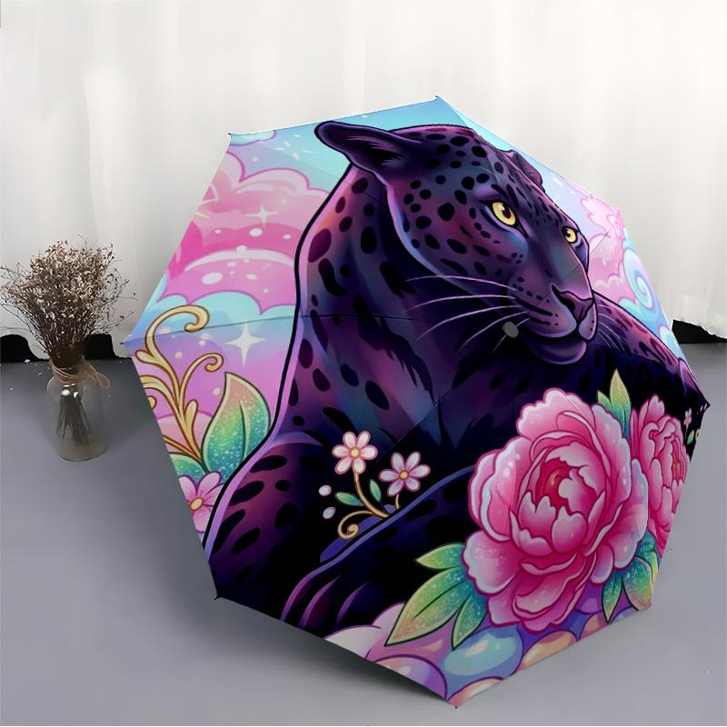 1pc Panther Flowers Umbrella Portable Folding Umbrella Durable Iron Frame, Suitable for All Seasons Home Travel Outdoor yy260319025